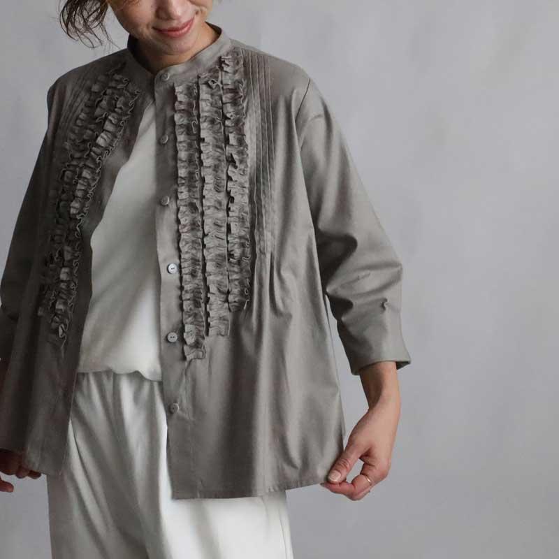 夏ＳＡＬＥ 上質ギマ擬麻コットン  小花フリル シャツ ブラウス ジャケット 前開き ゆったり 羽織り グレーU17Aの画像