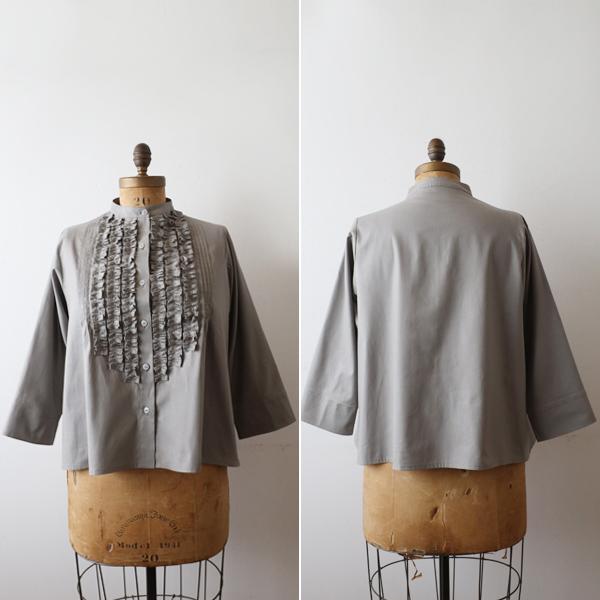 夏ＳＡＬＥ 上質ギマ擬麻コットン  小花フリル シャツ ブラウス ジャケット 前開き ゆったり 羽織り グレーU17Aの画像