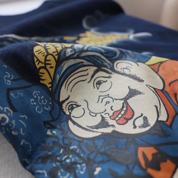 新作 ９５ｃｍ　手描きART　福神祝慶の図 金のなる木　縁起 ワンピース チュニック　和装　ゆったり　甘織デニム　U44C_3