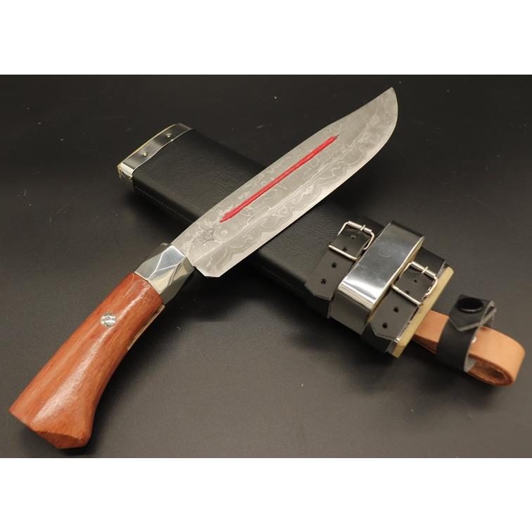 剣鉈15 積層鋼 6・5寸 200mm 磨き仕上げ 両刃 ダマスカス 亀甲輪口金