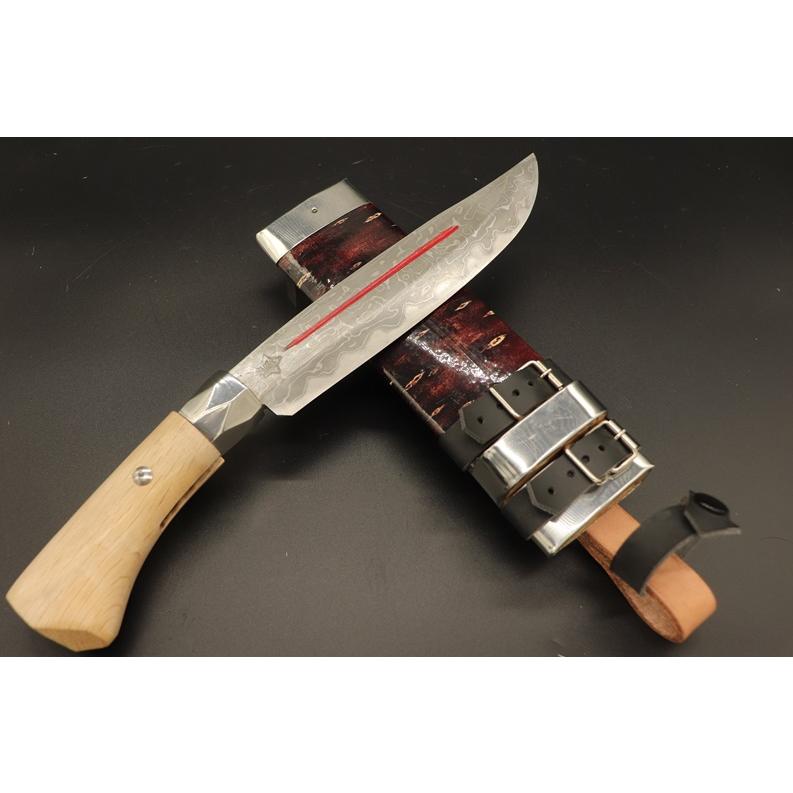 剣鉈17 積層鋼 6寸 180mm 磨き仕上げ 両刃 ダマスカス 亀甲輪口金