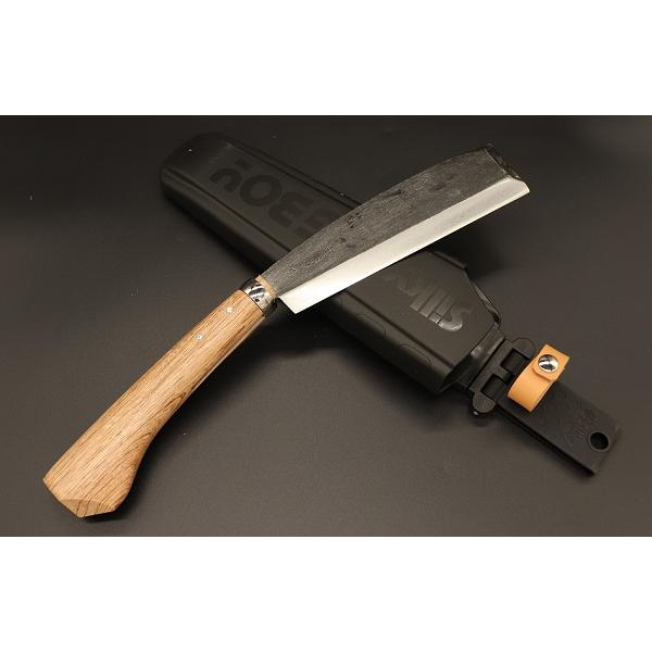特注【不動明王 梵字刻印】七寸二分黒打腰鉈 210mm 片刃木鞘 狩猟 キャンプ サヤ鉈 鞘鉈 腰鉈 片刃 7寸 約210mm : 山林刃物・打ち刃物の安養寺屋