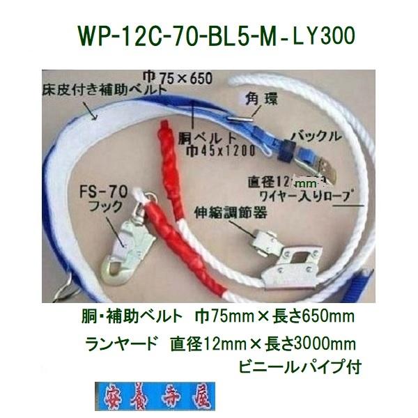 WP-12C-70-BL5-M-LY300　柱上安全帯　胴ベルト45×1200mm　補助ベルト650mm　藤井電工　ランヤード直径12mm長さ3000mm　ツヨロン