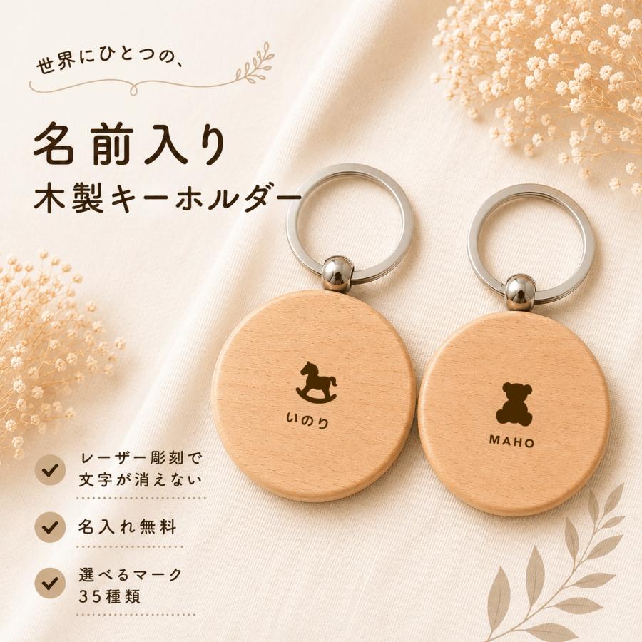 木製キーホルダー 丸 名入れ 名前入れ ワンポイント マーク オリジナル