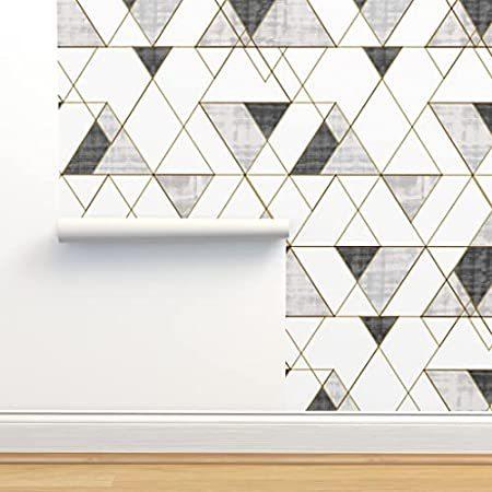 Spoonflower 剥がして貼れる壁紙 幾何学プリント モッドトライアングル ブラックとホワイト グレースケール ブラックとホワイト モノクロ Anything Online Shop B07whlkjcg 剥がして貼れる壁紙 幾何学プリント ゴールド調 自己粘着性