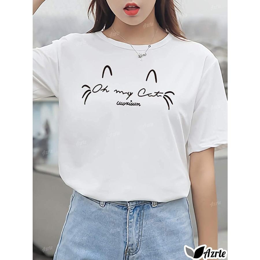 アズルテ 半袖 Tシャツ レディース ファッション 猫耳 ロゴ デザイン シンプル トップス 夏用 夏 オールシーズン 薄手 おしゃれ カワイイ 値頃
