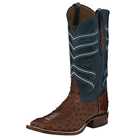 ［新品］Tony Lama Men's Brown/Blue Full Quill Ostrich Cowboy Boot Square Toe Brown ブーツ