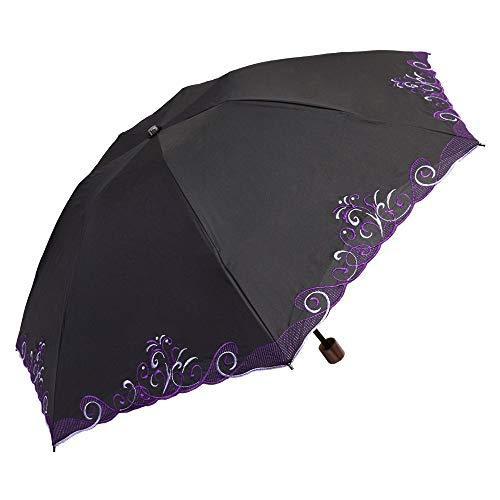 日傘 折りたたみ 遮光 遮熱 UVカット 3段折りたたみ日傘 晴雨兼用傘 軽量 刺繍 スワロフスキー (百合・ブラック)