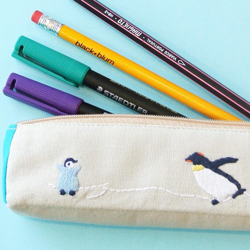 ペンケース ペンギン親子 ポーチ ハンドメイド 手刺繍 ベトナム
