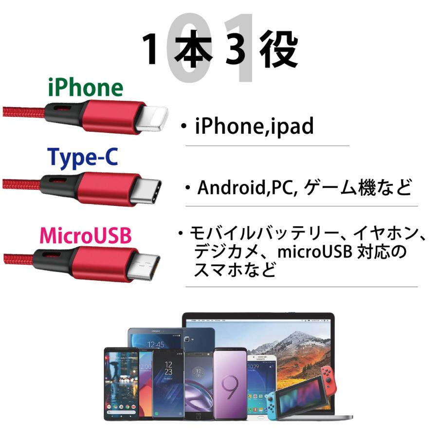 3in1 lightning 充電ケーブル 急速充電 1.1m 3台同時 2本セット 充電 USB タイプC iPhone microUSB type-C  iPhone/iPad/Android/MacBook/タブレット 送料無料 |  | 03
