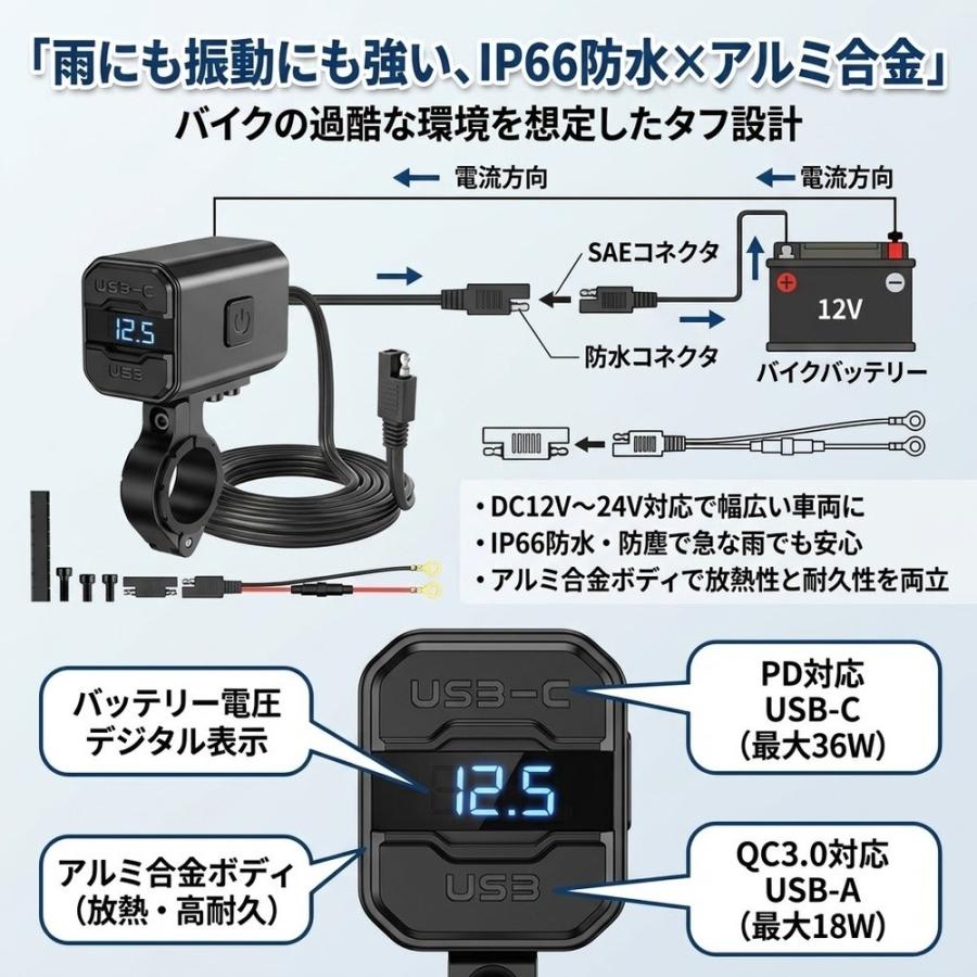 バイク USB電源 チャージャー 充電器 QC3.0 PD 急速充電 電圧計 デジタル表示 防水 アルミ合金 12V スマホ充電 ツーリング ナビ オートバイ 原付 スクーター 電 |  | 04