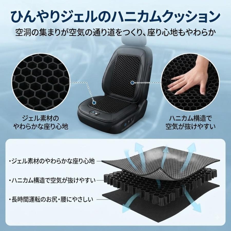クールカーシート カーシートクーラー ゲルクッション ジェル ハニカム 送風 ファン内蔵 12V 24V 兼用 シガーソケット USB 車 座席 蒸れ防止 暑さ対策 熱中症対 |  | 03