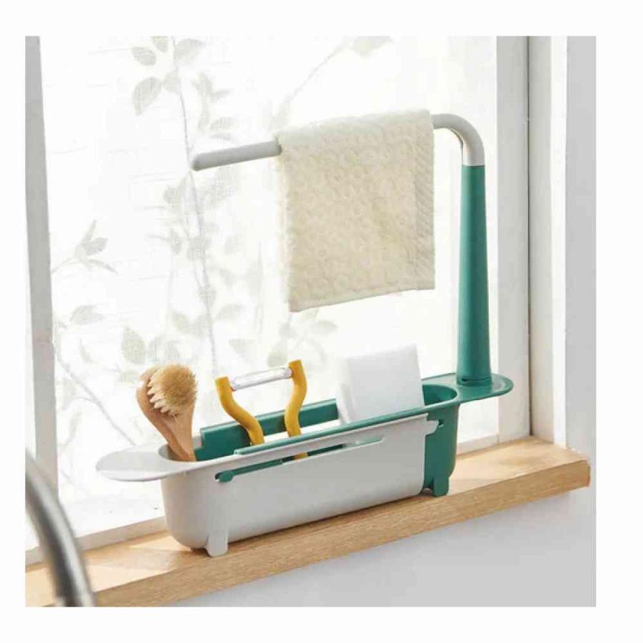 多機能 キッチン ラック グリーン 物置 バスケット タオルハンガー付き シンク 伸縮可能 整頓 ユーティリティ 便利 省スペース 送料無料 |  | 01