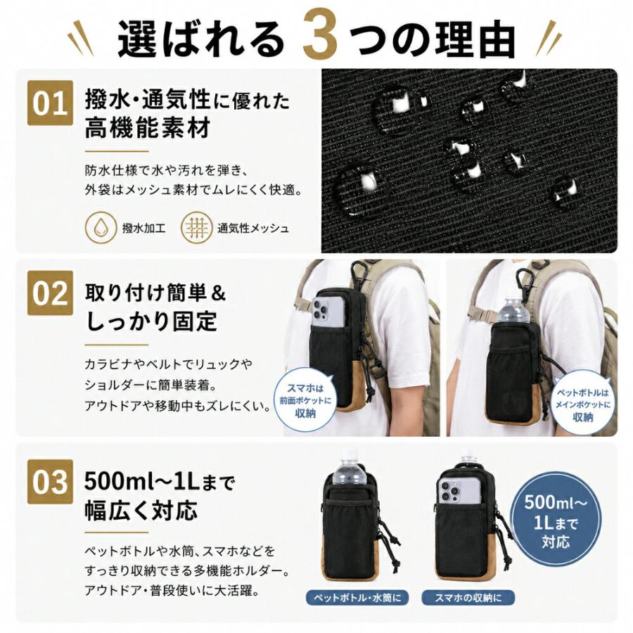 ペットボトルホルダー スマホホルダー リュック 後付け ボトルホルダー カラビナ付き 水筒ホルダー ドリンクホルダー ショルダー 肩掛け 折りたたみ 撥水 アウト |  | 07