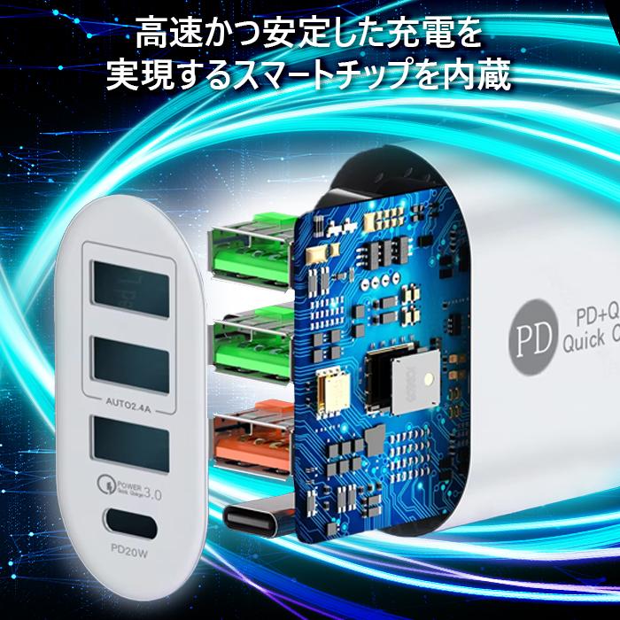 タイプC USB コンセント 急速充電器 20W ACアダプター 4ポート ケーブル付き USB type-C iPhone/iPad/Android/MacBook/タブレット 送料無料 |  | 02