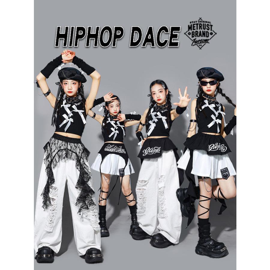 白 黒 リボン ダメージ パンツ バンダナ キッズ ダンス衣装