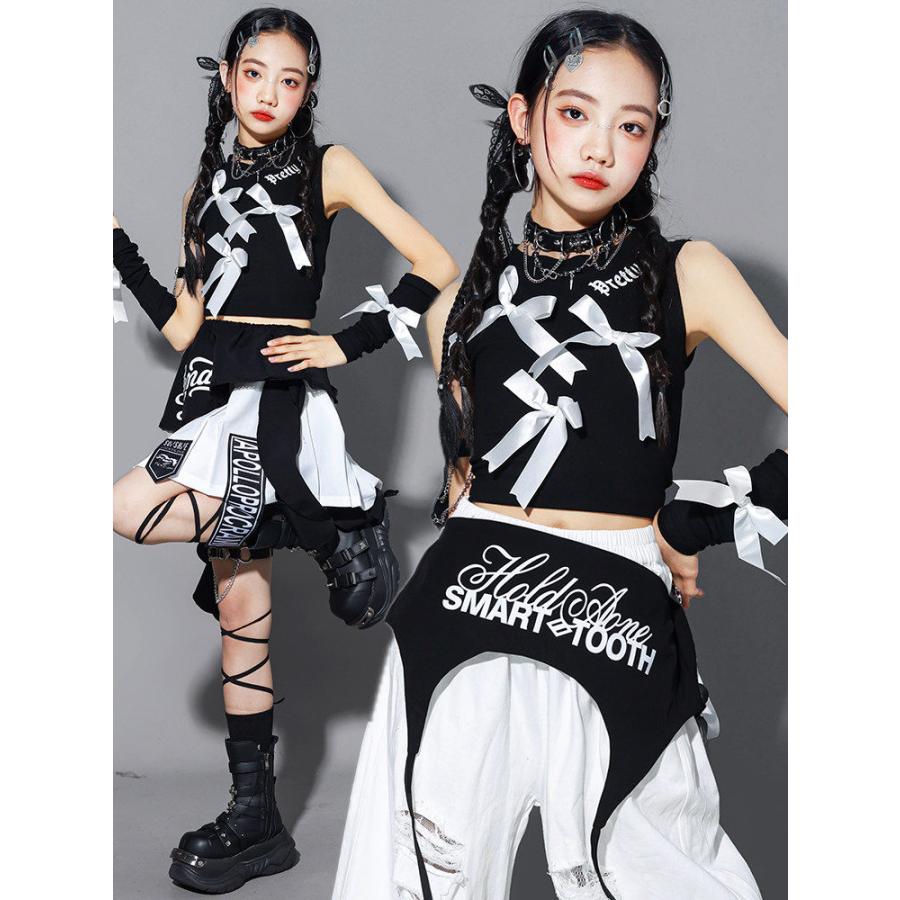 【美品】 BTSJ レスミルズ クロップトップ ロングパンツ（黒×白）セット 白 黒 リボン ダメージ パンツ バンダナ キッズ ダンス衣装
