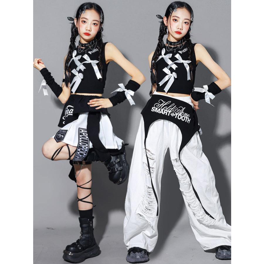 白 黒 リボン ダメージ パンツ バンダナ キッズ ダンス衣装