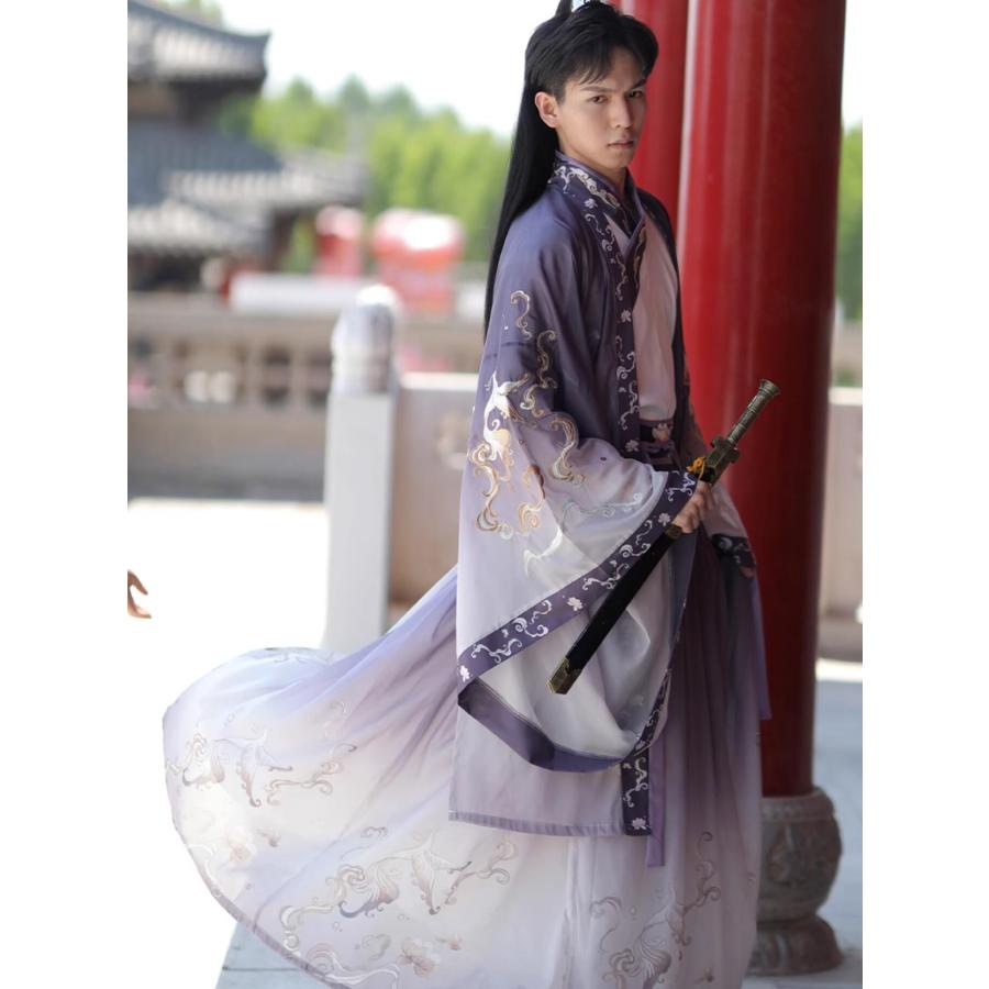 紫 グラデーション 漢服 3点セット 大人 男女兼用 おしゃれ 交差襟 ロング丈羽織付き 振り袖 飄逸 メンズ レディース チャイナ服 古代古典 武侠 侠客 剣士 中華_4