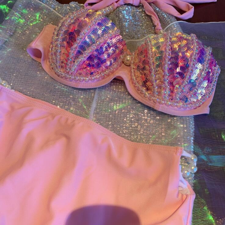手作り ビキニ セパレート 水着 人魚姫 三角形 セット スパンコール 