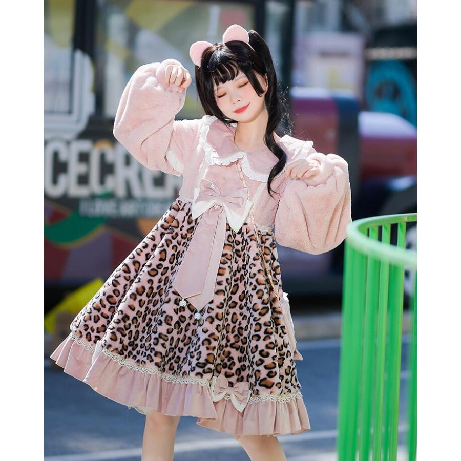 もこもこ ロリータ ワンピース 長袖 厚手 秋冬 膝丈 可愛い ロリータ服