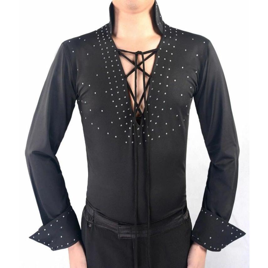 社交ダンス★新品★メンズシャツ★ラテン★Vライン★黒★M 男性用 ダンス用 シャツ スーパーVネック 紐 リボンクロス 立ち襟