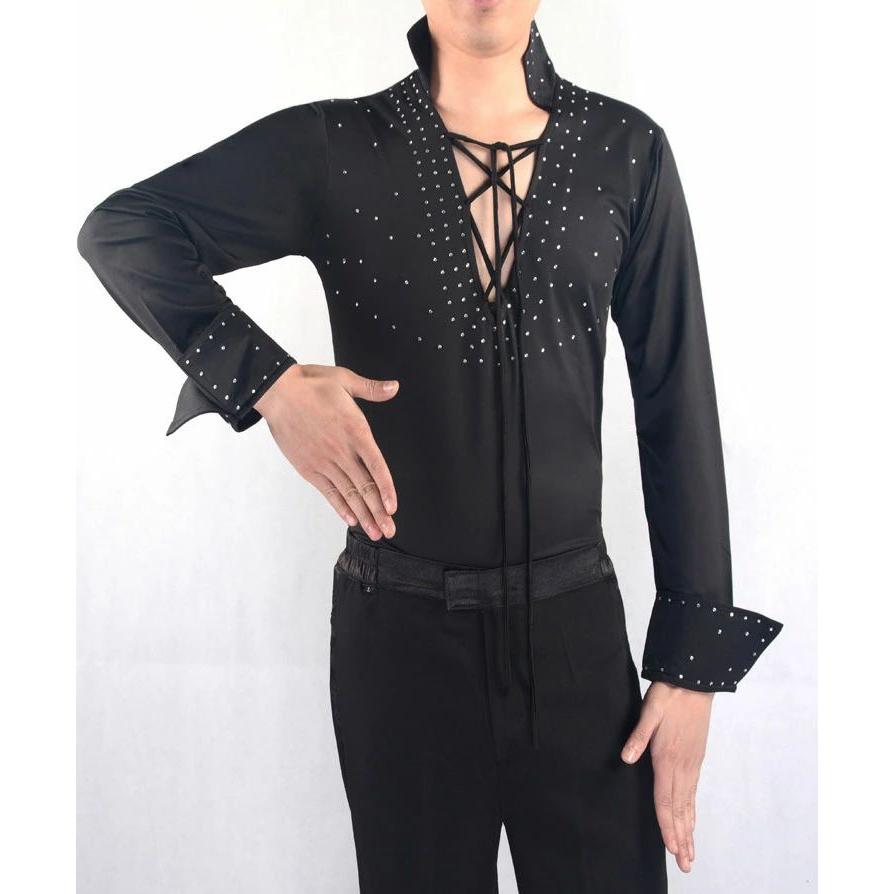 社交ダンス★新品★メンズシャツ★ラテン★Vライン★黒★M 男性用 ダンス用 シャツ スーパーVネック 紐 リボンクロス 立ち襟