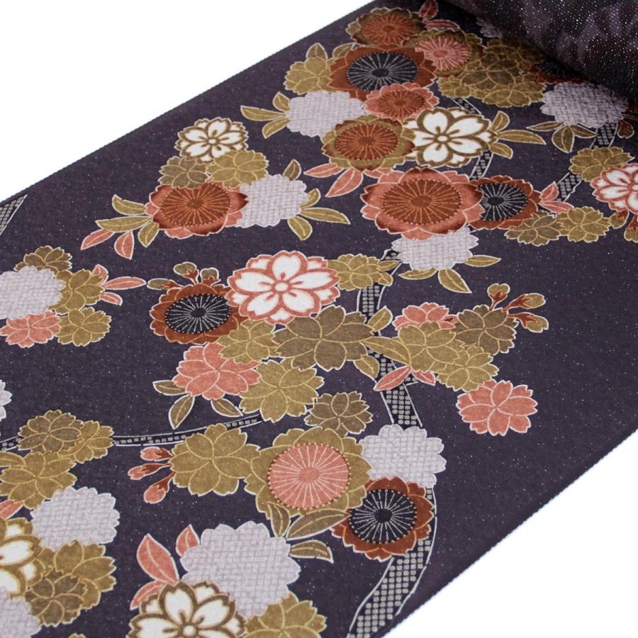 小紋 反物 -48- 京友禅 紋意匠ちりめん 絹100% 銀通し 桜 似せ紫  