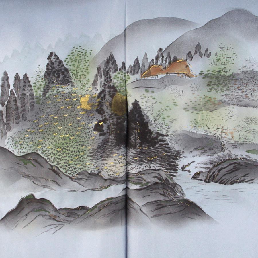 男物長襦袢 仮絵羽 正絹 -54- 広幅 精華縮緬 山水画 薄縹 絹100