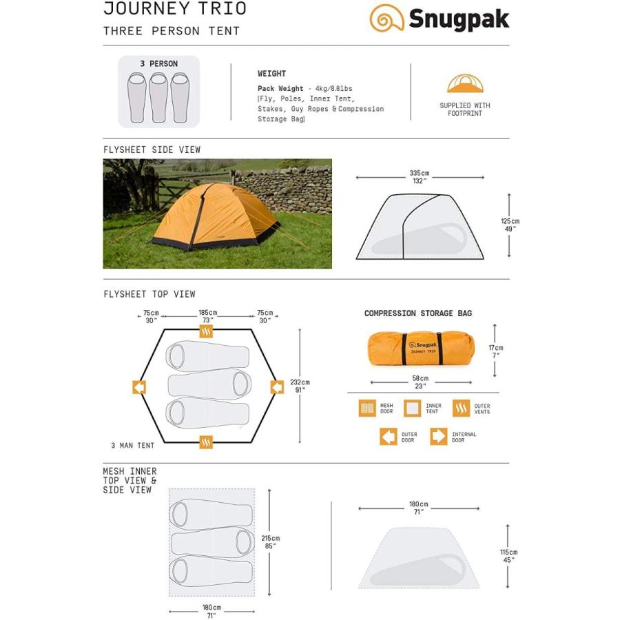 Snugpak(スナグパック) ジャーニートリオ 3人用 ドーム型テント フットプリント付属 防風 耐水圧4000 おうちキャンプ 釣り イ スナグパック ジャーニートリオ 3人用 ドーム型テント フットプリント付属 防風 耐水圧4000 おうちキャンプ 釣り