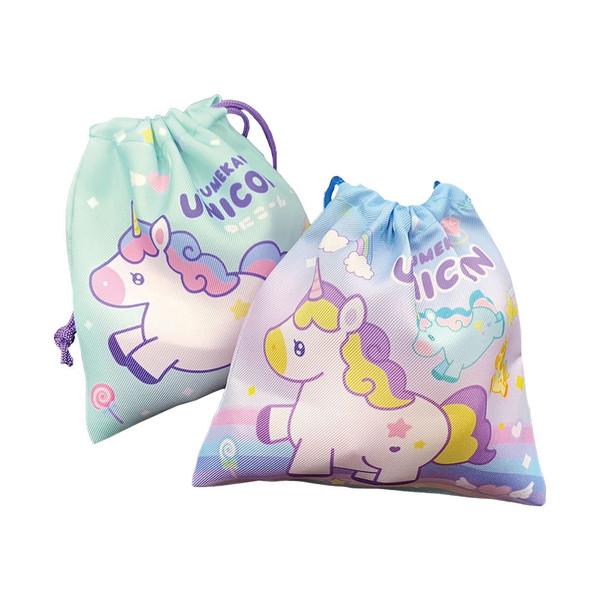 ハンドメイド★ピンク。ゆめかわユニコーンプリント片側紐出し巾着。入園 入学グッズ ゆめかわユニコーン巾着袋 駄菓子詰め合わせ 1個 駄菓子 子供会 景品