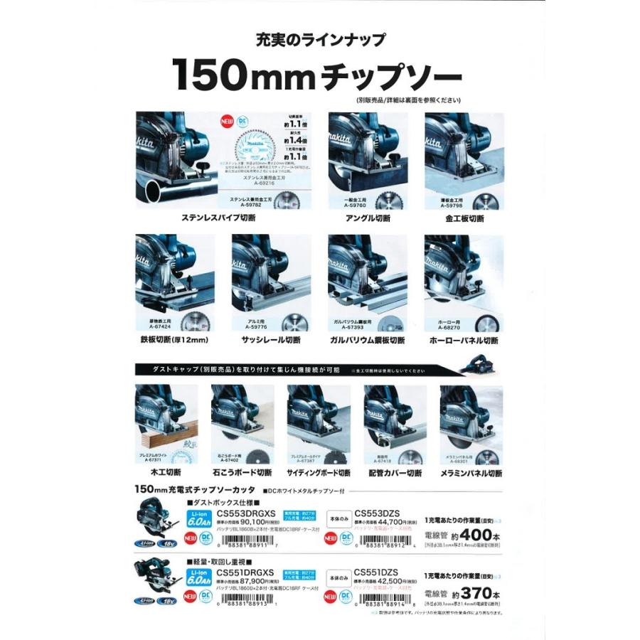 マキタ電動工具　150mm充電式チップソーカッタ　CS551DZS　18V　DCホワイトメタルチップソー付　本体のみ（バッテリ・充電器・ケース別売）｜aokikanamono｜04