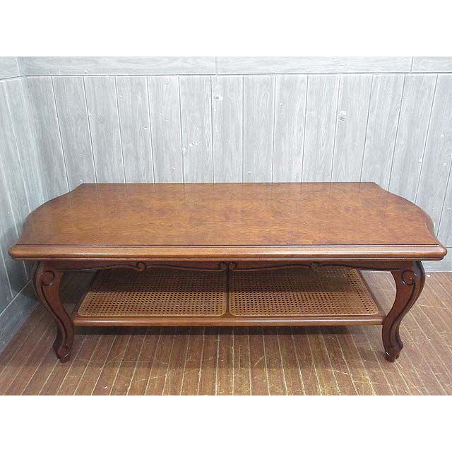 【中古】 カリモク センターテーブル ダークブラウン 幅130 karimoku ローテーブル ラタン マガジンラック付き 天然木 こげ茶 座卓 猫脚 | 