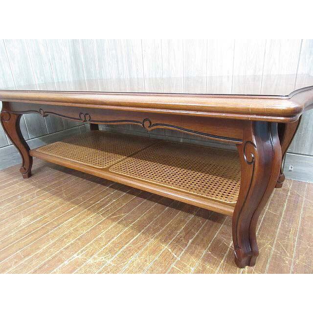 【中古】 カリモク センターテーブル ダークブラウン 幅130 karimoku ローテーブル ラタン マガジンラック付き 天然木 こげ茶 座卓 猫脚 |  | 02