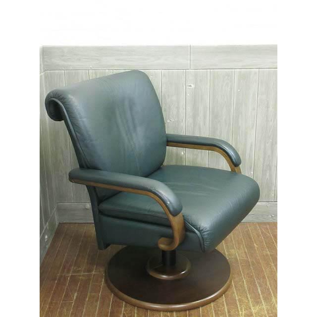 【中古】冨士ファニチア ダイニングチェア  回転椅子 肘掛け付き FUJI FURNITURE 木製 食卓椅子 ブラウン×グリーン 富士ファニチャー | 