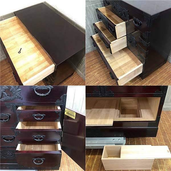 【中古】民芸調タンス 4段 鍵付き 隠し箱付き 幅90cm 引出7杯 アンティーク 和箪笥 施錠可 田中家具 二本松工芸館 和風 チェスト 扉収納 |  | 02