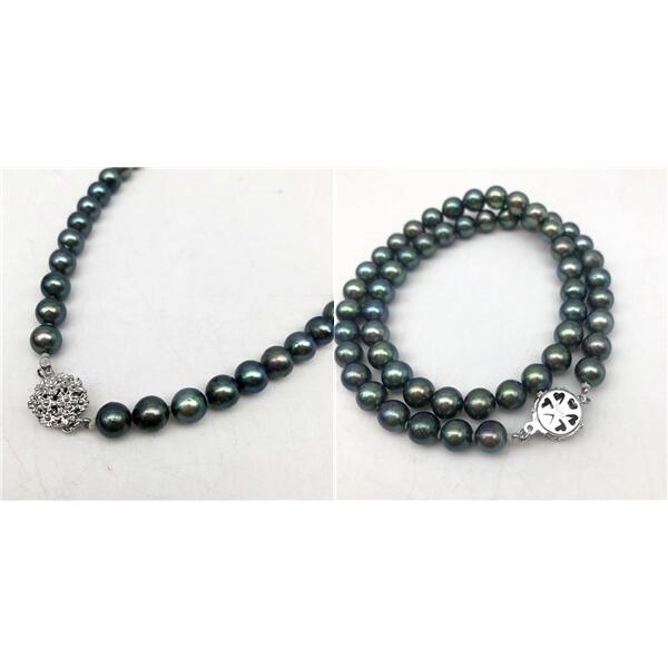 中古】 パール ネックレス 玉虫色 ブラック系 1連 約39cm 小粒 約6.2mm