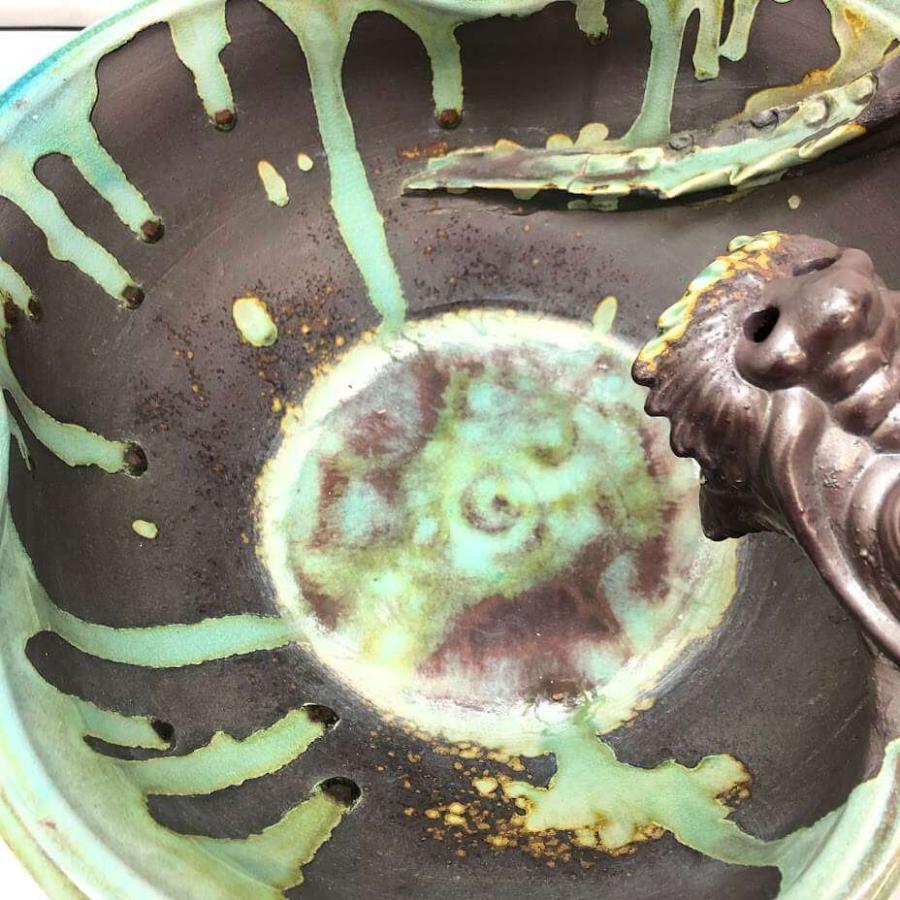 ss6372 陶器製 手水鉢 龍モチーフ グリーン系 茶道具 水鉢 つくばい