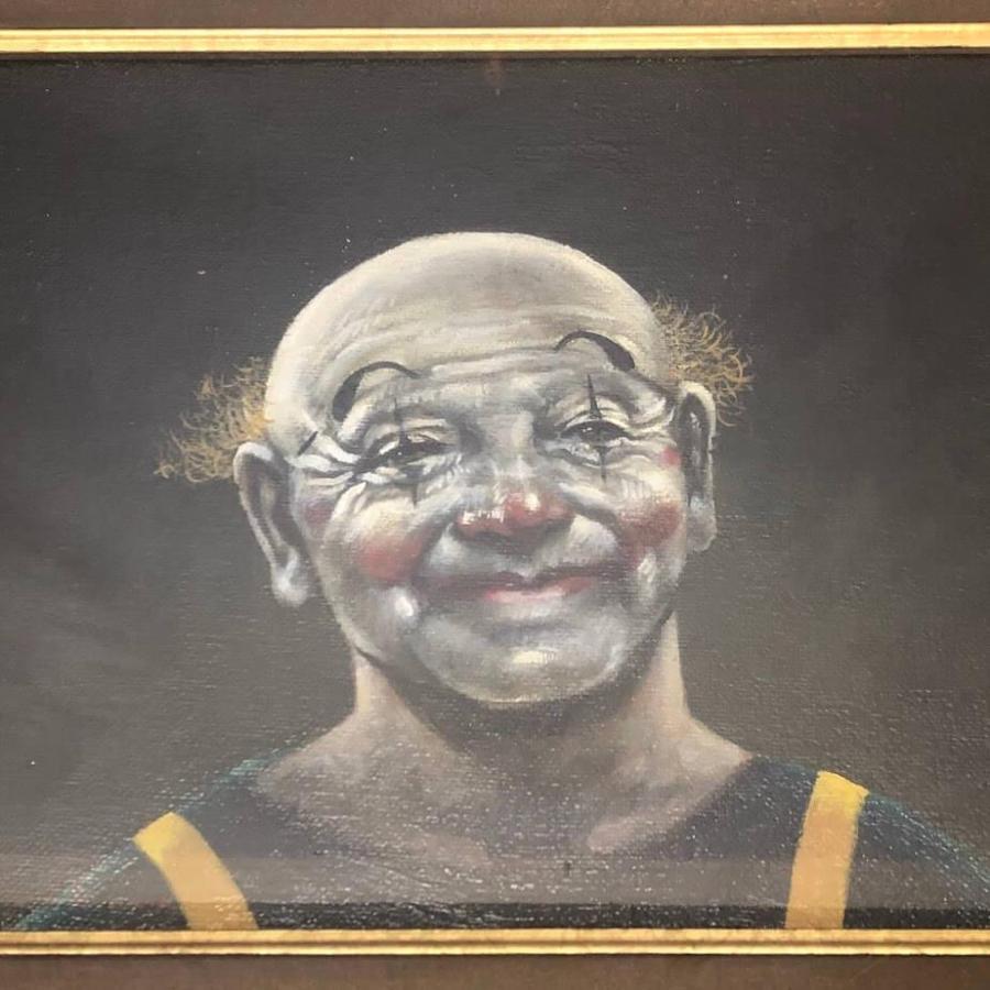 中古】額装 市川元晴 老ピエロ道化 油彩画 F3 直筆サイン入り 油絵 