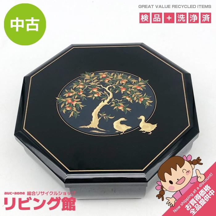 【中古】 漆器 アクセサリーボックス 八角形 黒 鏡付き オルゴール付き ジュエリーボックス ブラック 金彩 みかん？ カモ？ 和風 小箱 アクセサリーケース 中古 | 