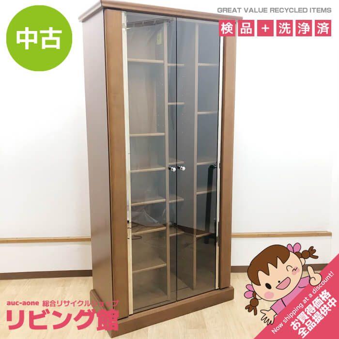 【中古】 大型 本棚 両開き ガラス扉 ブラウン スライド棚付 ブックシェルフ 木製 収納庫 棚板可動式 本 小物 飾り棚 ディスプレイ 書棚 書庫 | 