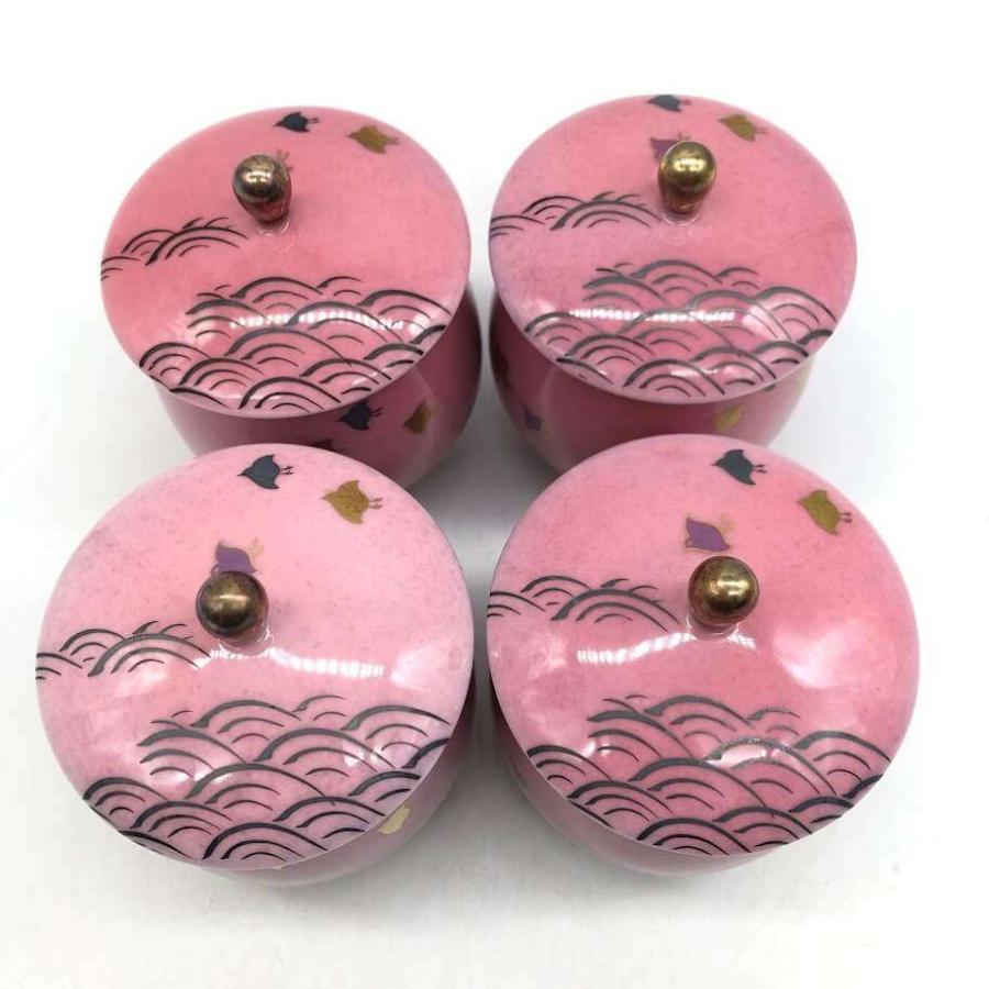 【中古】 深川製磁 蓋付湯呑 4客セット ピンク 波千鳥 金彩 湯飲み ふた付 茶碗 茶器 お茶 陶器 焼物 和食器 工芸品 有田焼 深川製磁 中古 | 深川製磁 | 02