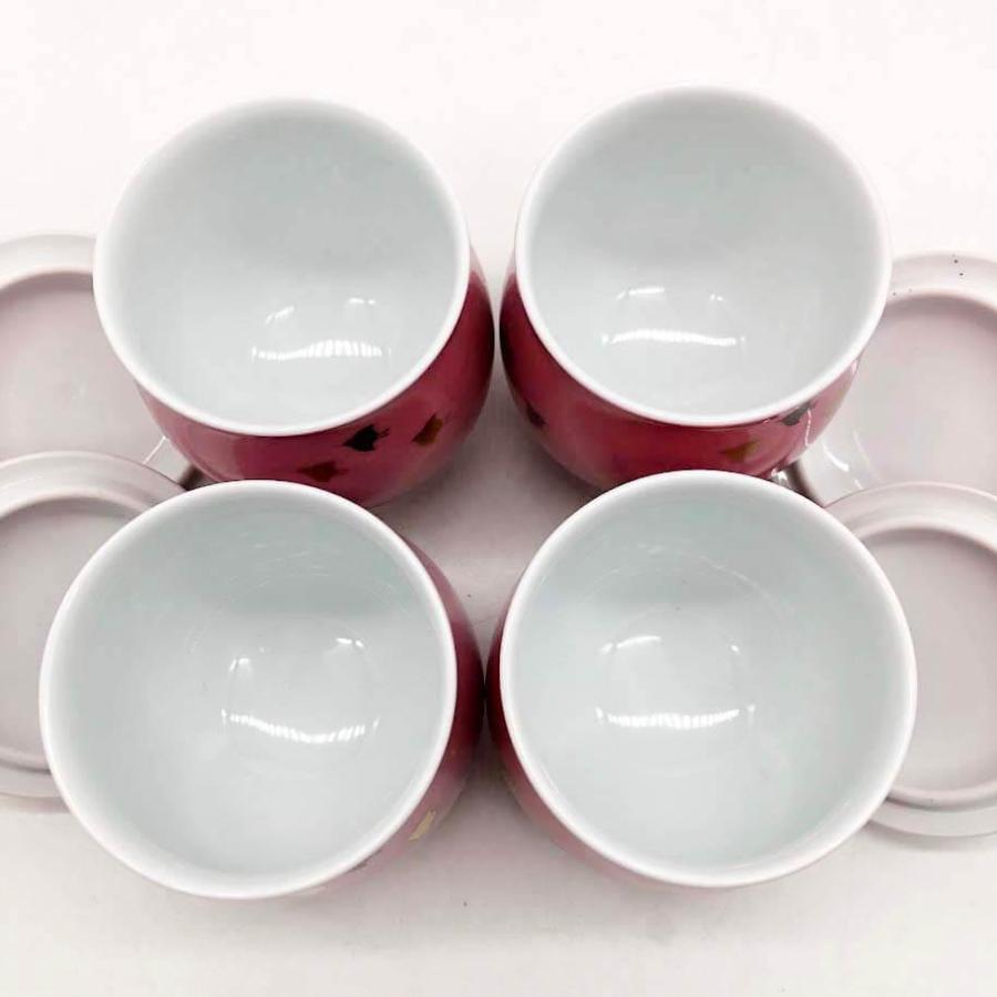 【中古】 深川製磁 蓋付湯呑 4客セット ピンク 波千鳥 金彩 湯飲み ふた付 茶碗 茶器 お茶 陶器 焼物 和食器 工芸品 有田焼 深川製磁 中古 | 深川製磁 | 04