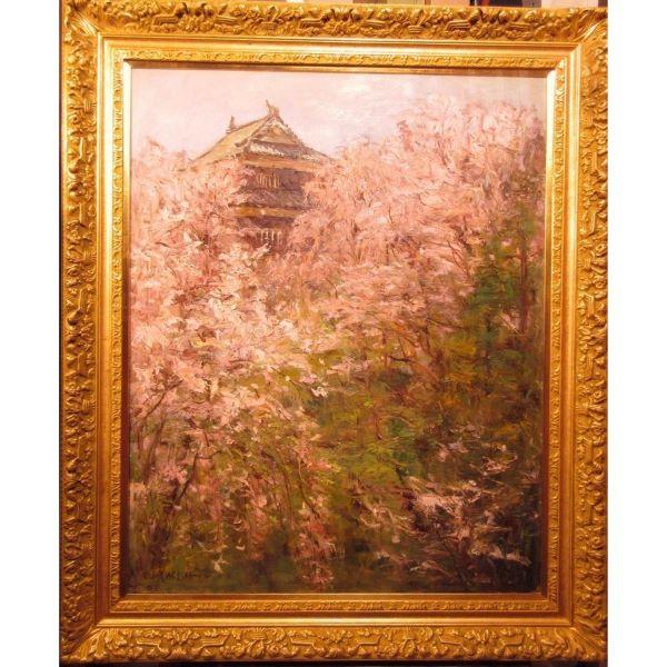 即決　五月女政平「古城桜花」　油彩30号