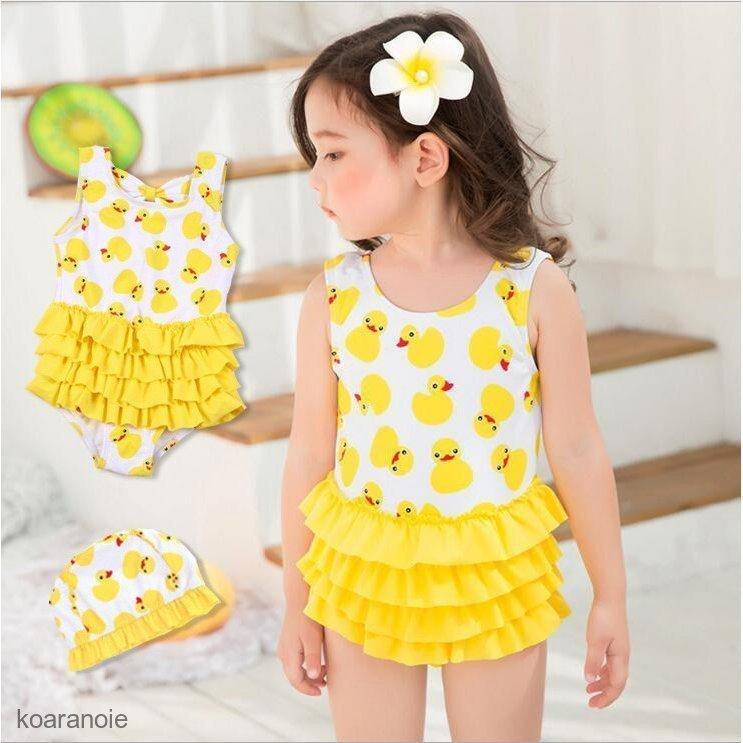 子供水着 女の子ワンピース オールインワン水着 アヒル柄 フリル スイムウェア 韓国 水着 可愛い 速乾 紫外線カット キッズ用90 100 110