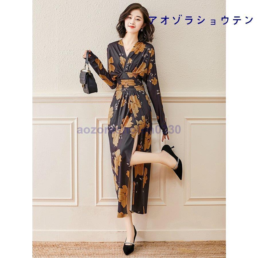 かわいい ロングワンピース ワンピース Vネック 清楚 レディース お洒落 美人 ブラウン 大人スタイル 長袖 着痩せ エレガント きれいめ 上品 花柄 スリット ワンピース サイズ Xl Www Tvusac Com