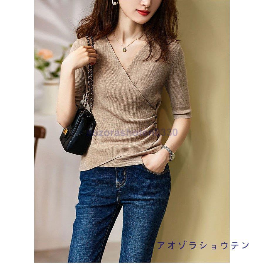 Tシャツ レディース 春夏新作 40代 五分袖 ニットトップス 無地T Tシャツ レディース 春夏新作 40代 五分袖 ニットトップス 無地T