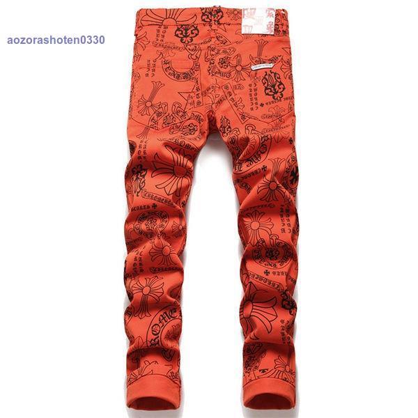 ジーンズ デニムパンツ メンズ プリント ロゴ レッド 伸縮 細身 ジーンズ デニムパンツ メンズ プリント ロゴ レッド 伸縮 細身