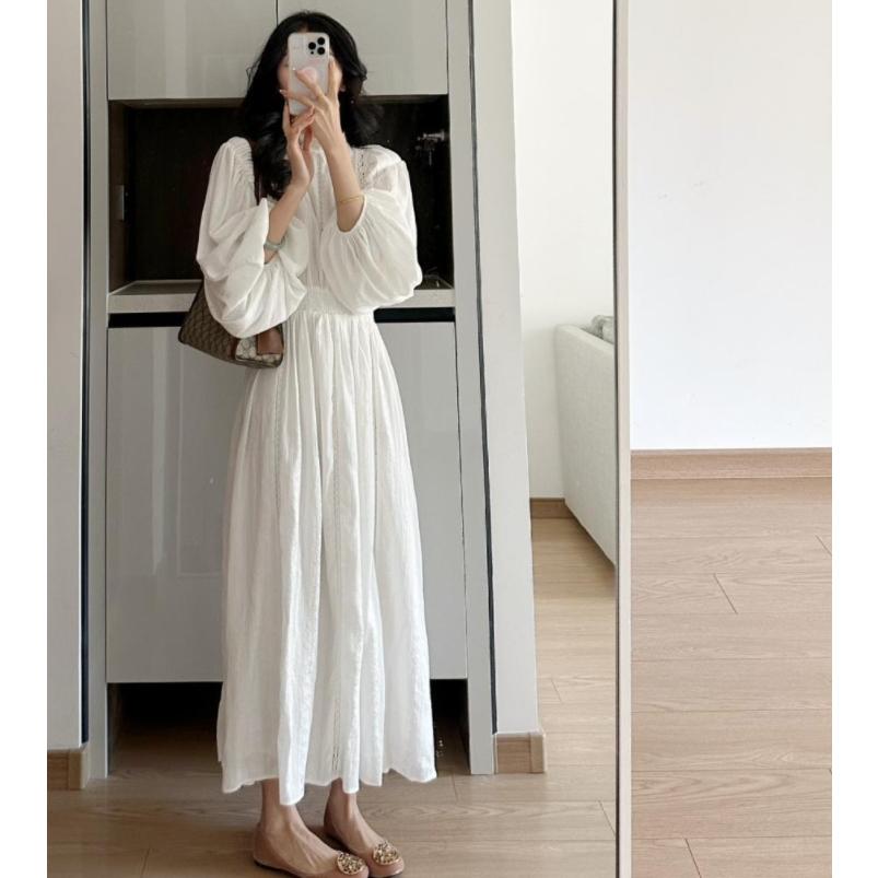 ワンピース レディース 40代 マキシワンピース 春夏 長袖ワンピース 白