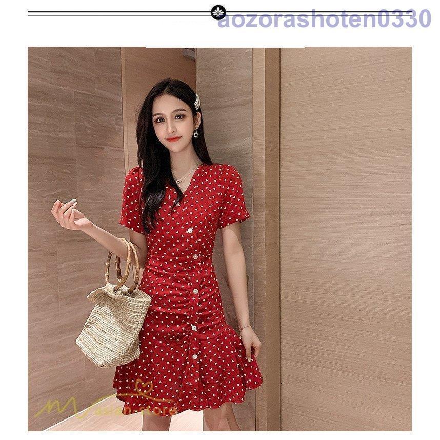 ワンピース レディース ミニ丈 きれいめ 細身 21新作 ドット柄 Vネック おしゃれ カジュアルワンピ エレガント 着痩せ 韓国風 女性着 トレント レトロ風 有名なブランド